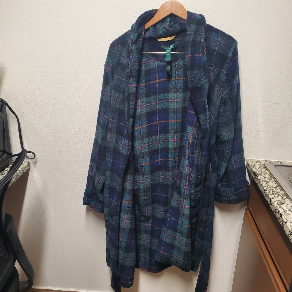 Lauren Ralph Lauren Womens Large Plush Fleece Robe Long Sleeve Plaid Blue Green - Picture 5 of 8